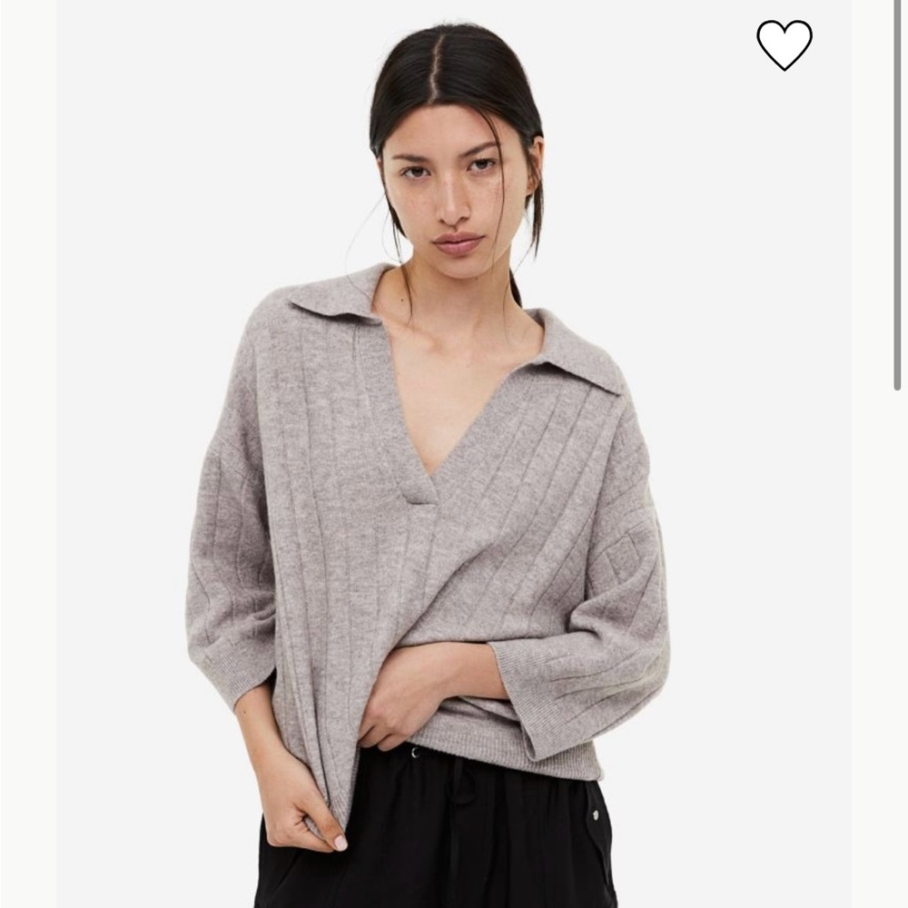 h&m rib knit sweater with collar in grey beige